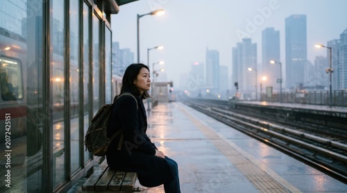 Young Asian woman sitting on a wet bench at an urban train station platform with a misty city skyline in the background