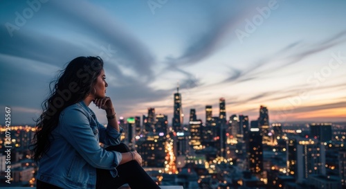 Young woman sitting on a rooftop overlooking a city skyline at twilight with blurred lights and a dramatic sky