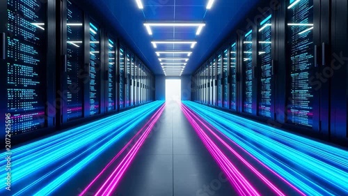 Server room with glowing data lines