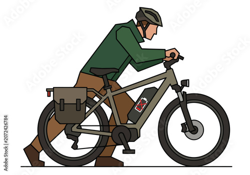 Schilderij op canvas A frustrated commuter pushes an electric bike after battery depletion