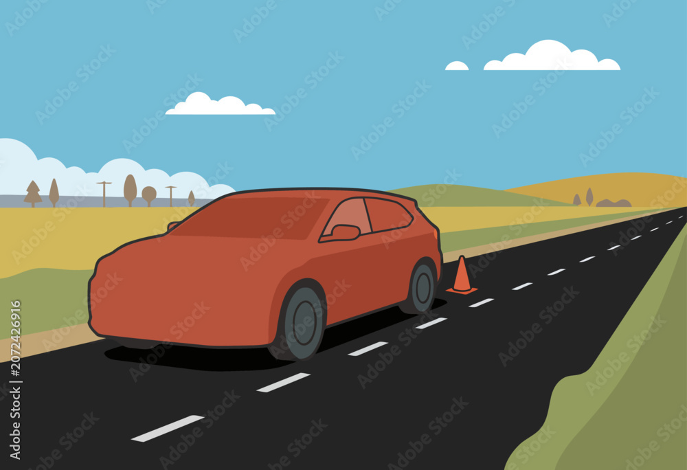Fototapeta premium An orange electric vehicle is pulled over on a highway, showcasing a roadside emergency with a completely uncharged battery pack. Clear, bright illustration.