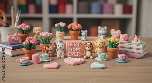Cute handmade clay miniature figures with best mom ever text sign and pastel flowers for mother day celebration