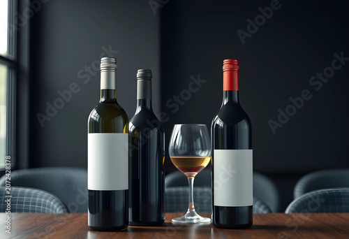 Three wine bottles and a gl...