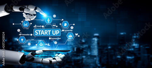 Photos A futuristic robotic hand presents various startup concepts in a digital landscape, emphasizing innovation, growth, and business planning for aspiring entrepreneurs