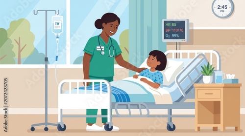 Nurse caring for child patient in hospital room with IV drip and monitor