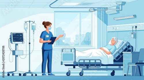 Nurse caring for elderly patient in hospital room, medical equipment, healthcare concept