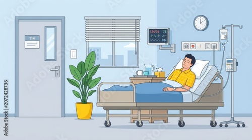 Patient Recovering in Hospital Bed with Medical Equipment and IV Drip