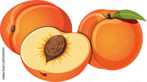 Fresh whole and halved peaches on a clean surface