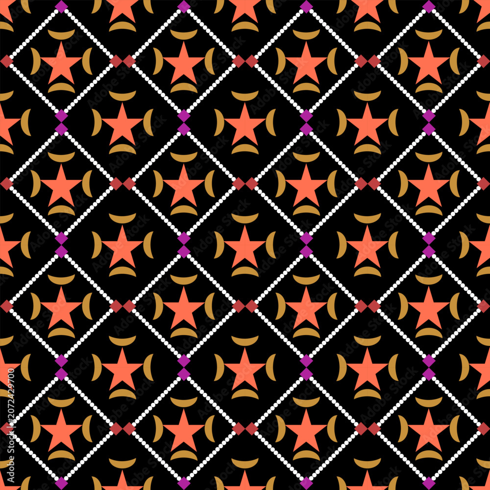 Fototapeta premium A luxurious dense vector background showcasing symmetric celestial star ornaments and geometric diamond patterns across a premium black backdrop.