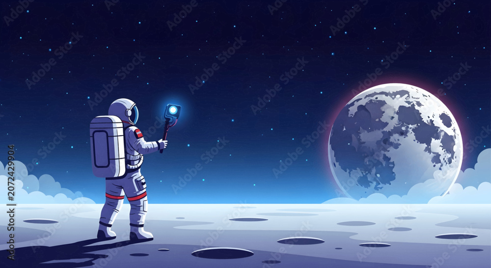 Naklejka premium Astronaut holding a glowing device on the moon surface looking at the moon.