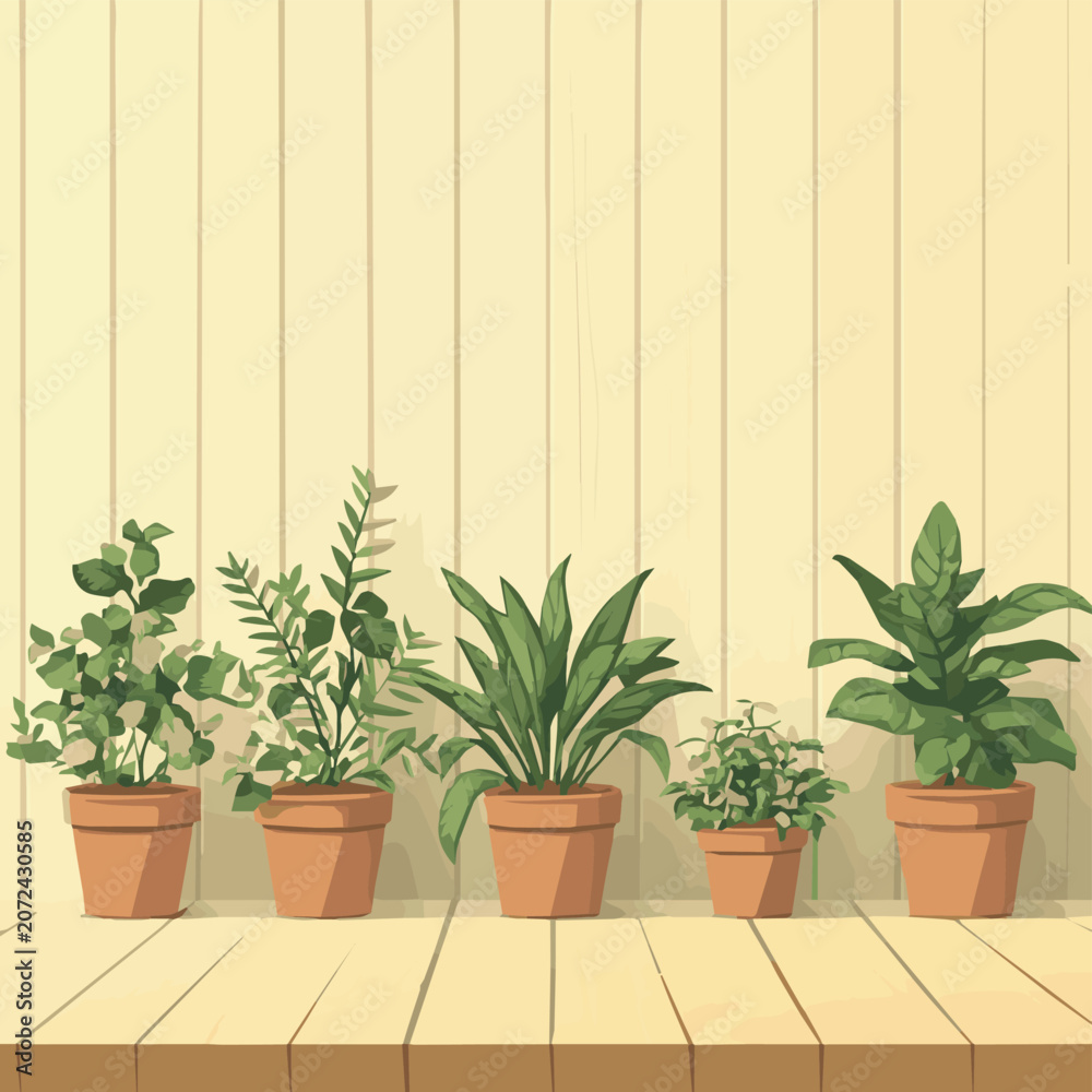 Fototapeta premium Stylish collection of potted plants arranged on a wooden shelf, adding natural beauty to any indoor space.