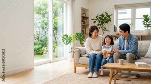 明るいリビングで笑顔あふれる家族団らんの風景