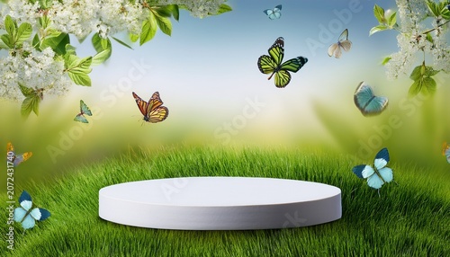 D Spring Floral Podium With Green Grass And Butterflies