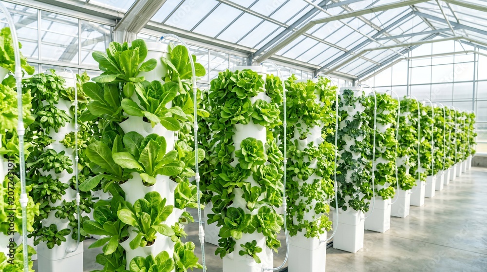 Fototapeta premium Hydroponic vertical farming system with rows of fresh leafy green vegetables growing in a modern greenhouse, sustainable indoor agriculture and controlled environment cultivation