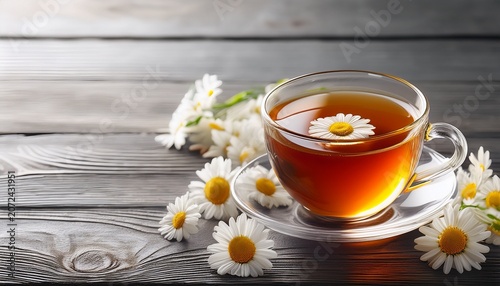 Cup Of Tea With Chamomile Flowers On Grey Wooden Table