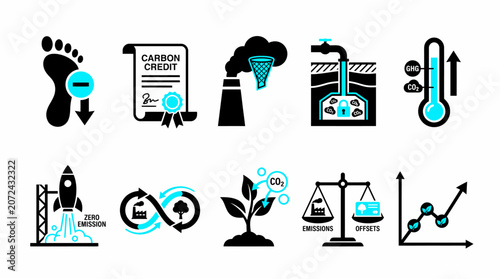 collection of flat design vector icons illustrating various environmental and carbon emission related concepts, including carbon credits, emissions, and eco-friendly practices.