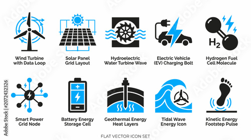 collection of flat vector icons representing various renewable energy sources and concepts, including wind, solar, hydro, geothermal, and kinetic energy.