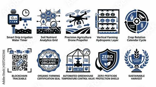 set of flat design vector icons depicting various sustainable agriculture and smart farming concepts, including irrigation systems, soil analysis, drones, hydroponics, and eco-friendly certification