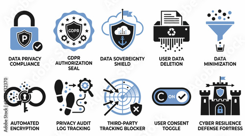 set of flat design vector icons illustrating various data privacy and security concepts, including compliance, authorization, data protection, and cyber resilience.