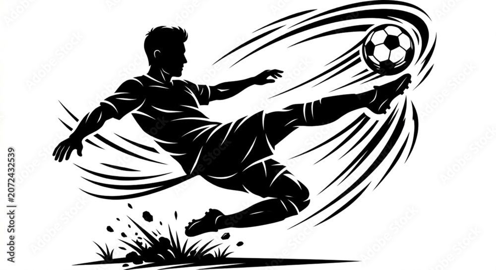 Obraz premium Dynamic Soccer Player Kicking Ball, Black Sports Illustration, Football Action, Vector Graphic