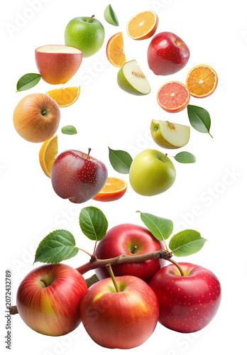 Dynamic flying mixed fruits and fresh red apples on branch isolated on white background