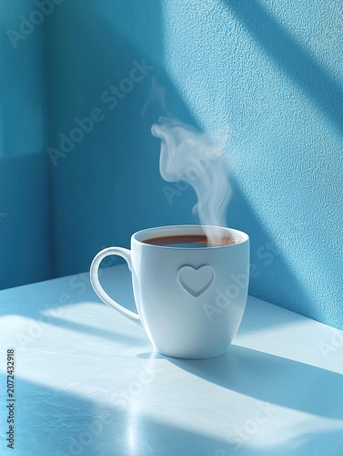 A white mug with a heart design holds hot coffee, with steam rising and light casting shadows on a blue textured wall. AI.