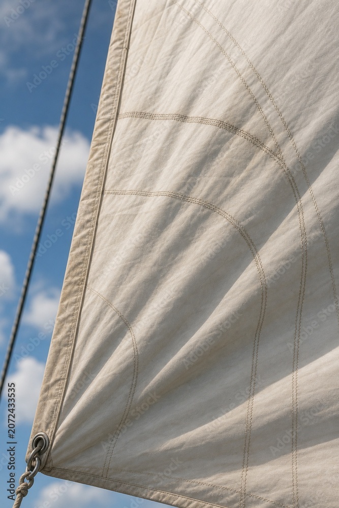 Obraz premium Close-up of sailboat mainsail, heavy canvas billowing taut in wind, visible stitching against soft sky.