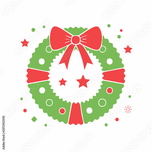 Christmas Wreath with Red Bow and Stars