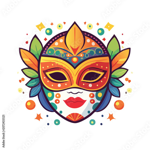 Colorful Carnival Mask with Feathers and Confetti