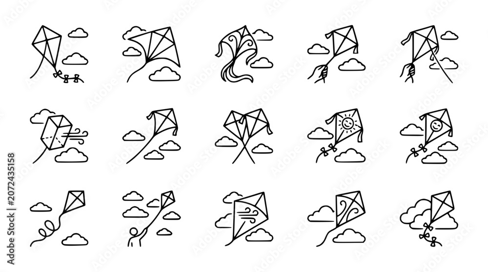 Fototapeta premium Kite Flying Icon Set: Outline Drawings of Kites and Clouds, Fun Outdoor Activity