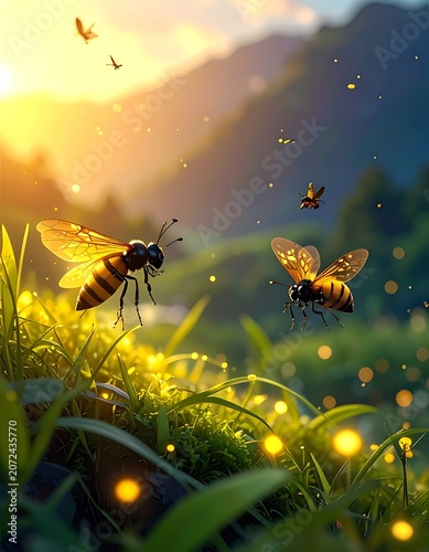 A serene sunset scene with fireflies and bees in a lush green meadow