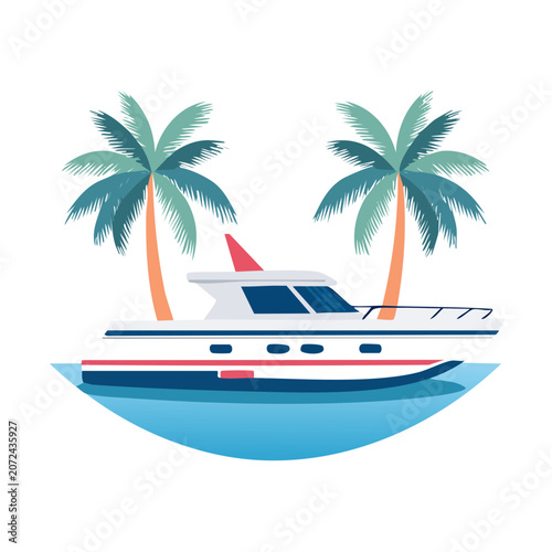 Tropical yacht illustration with palm trees