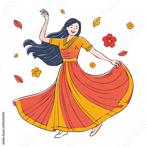 Woman dancing in flowing dress with flowers