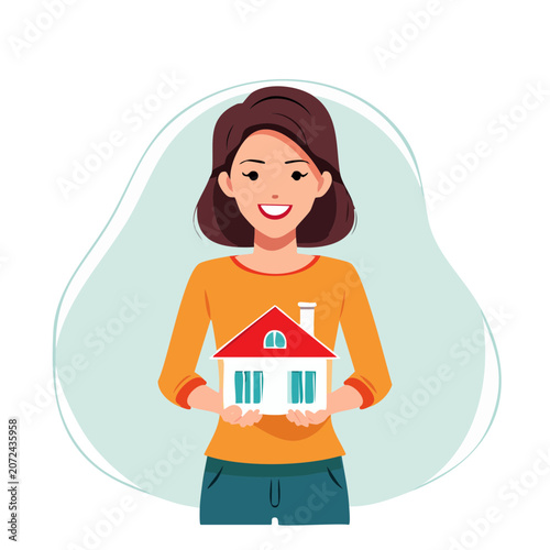 Woman holding a house model, flat vector illustration