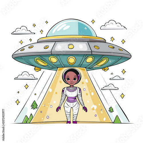 Cartoon alien and UFO with beam of light over forest