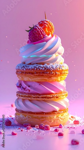 A tall stack of pastries with swirled pink and white topping