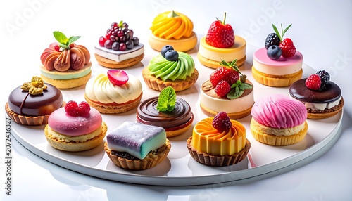 A tray of assorted desserts with fruits and toppings on a white background