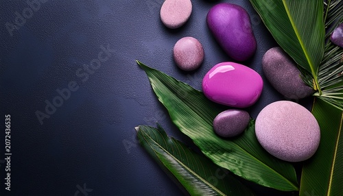 Smooth Purple And Pink Stones With Green Tropical Leaves On A Dark Background For Natural Spa Decor
