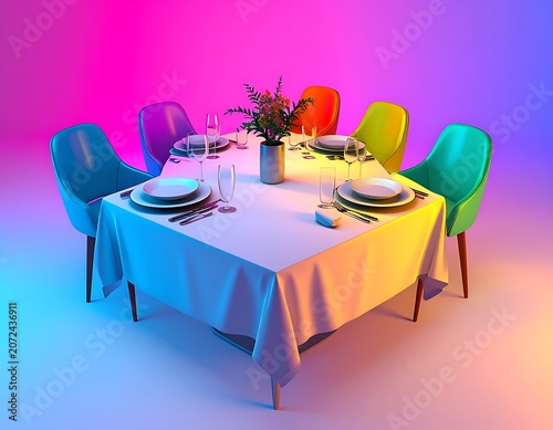 A vibrant dining table set with colorful chairs and plates