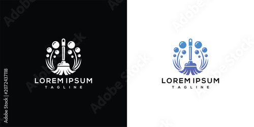 Fotografie Abstract Cleaning Service Logo with Mop Bubbles and Embracing Elements