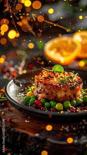 A vibrant plate of food with herbs and spices on a wooden surface