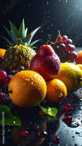 A vibrant still life of assorted fresh fruits on a wet surface (3)