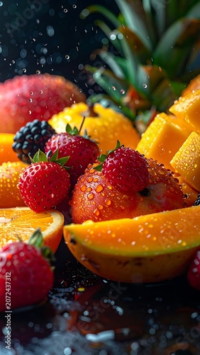 A vibrant still life of assorted fruits on a dark surface (1)