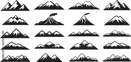 Εκτύπωση καμβά Mountain range and volcano silhouette collection showcasing snowy peaks and erupting craters for adventure and travel concepts