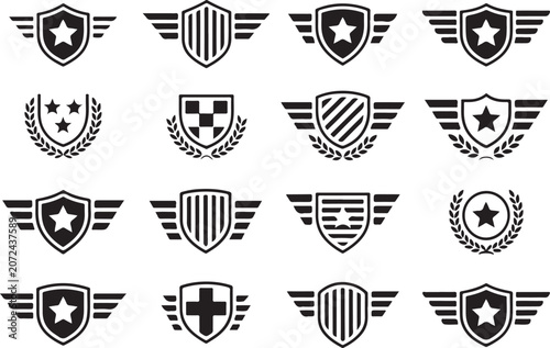 Slika na platnu Shield icons set featuring military insignia emblems with stars stripes crosses and laurel wreaths for heraldry and gaming logos