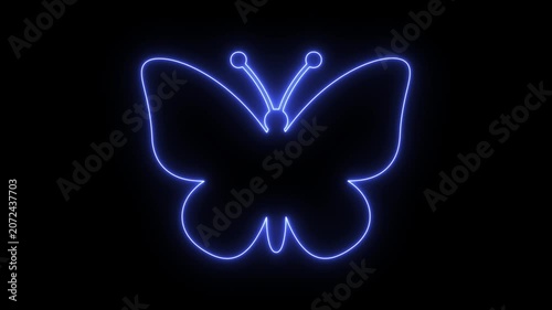 Butterfly neon icon animation, Butterfly icon glows with a soft blue neon light on a deep black backdrop.