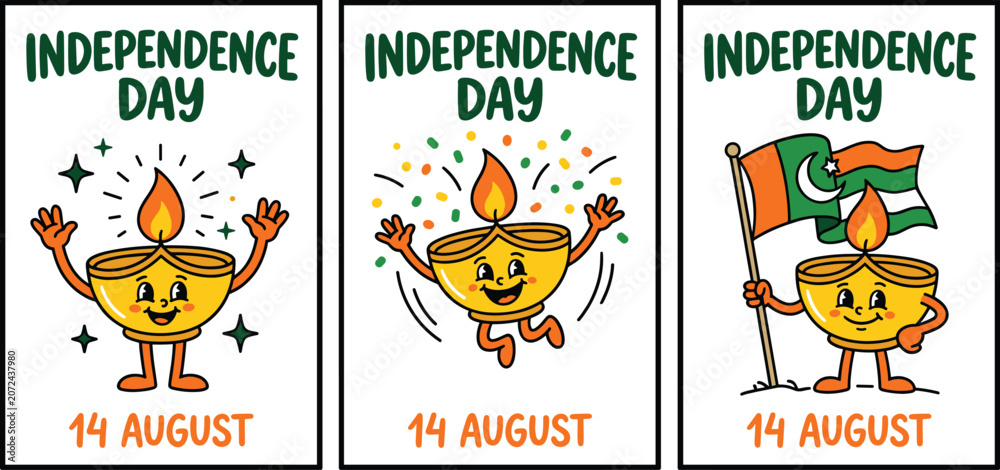 Fototapeta premium Pakistan Independence Day 14 August Cute Diya Oil Lamp Mascot Cartoon Set Holding Pakistani Flag for Patriotic Poster and Greeting Card