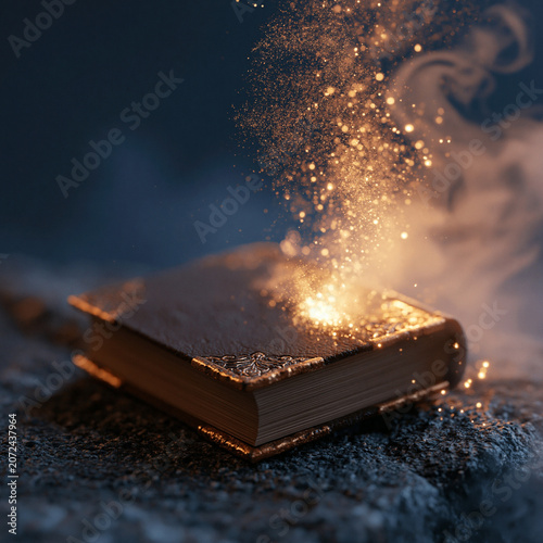 Fantasy Book with Bright Magical Energy and Smoke Effect