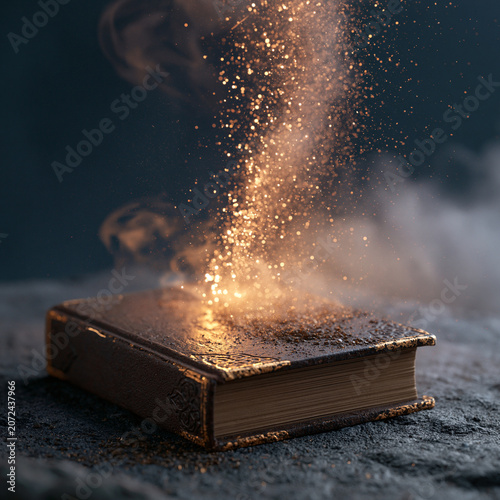 Magical Ancient Book Emitting Golden Sparkles and Smoke