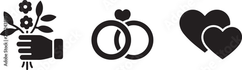 Foto Wedding symbols: hand holding flower bouquet, wedding rings, two hearts, love and commitment icons, romantic celebration